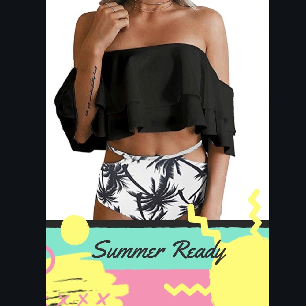 HIGH WAISTED BLACK& WHITE OFF THE SHOULDER BIKINI